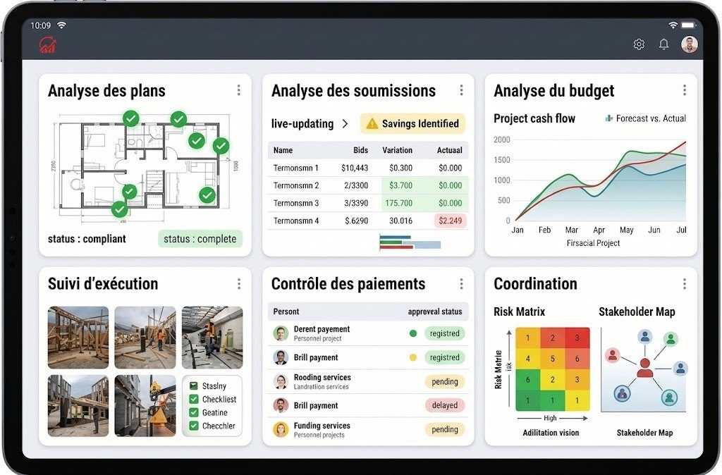 Illustration : tableau de suivi BAMO sur tablette avec l'analyse des plans, des soumissions et du budget, le suivi d'exécution, le contrôle des paiements et la coordination